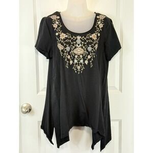 Terre Bleue Black Embroidered Floral Tunic Top Short‎ Sleeve Women's Size L